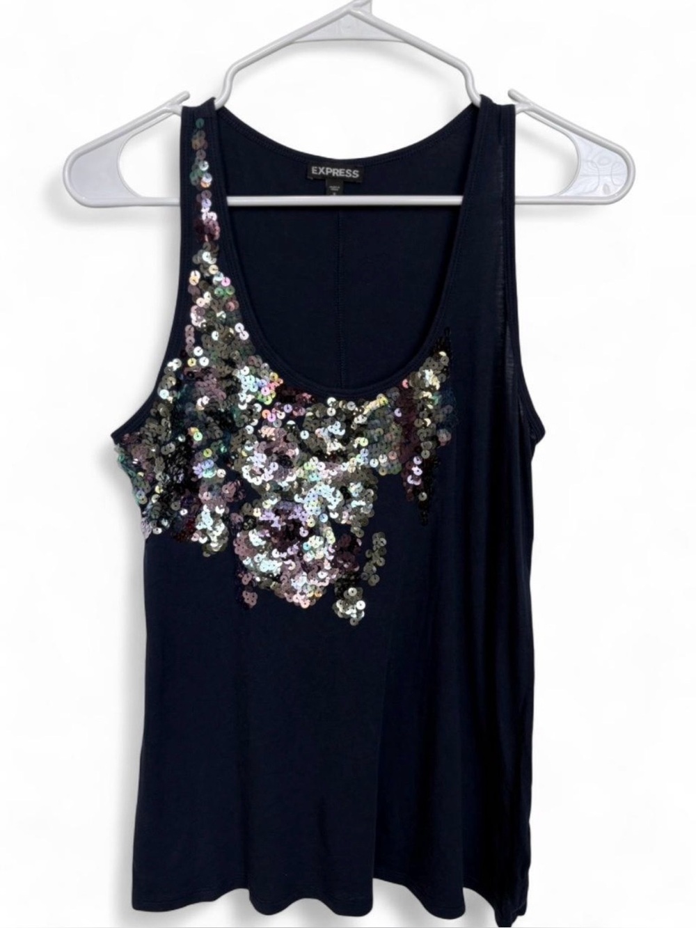 Express Navy Sequin Shimmer Scoop Neck Relaxed Sleeveless Tank Top Small Y2K